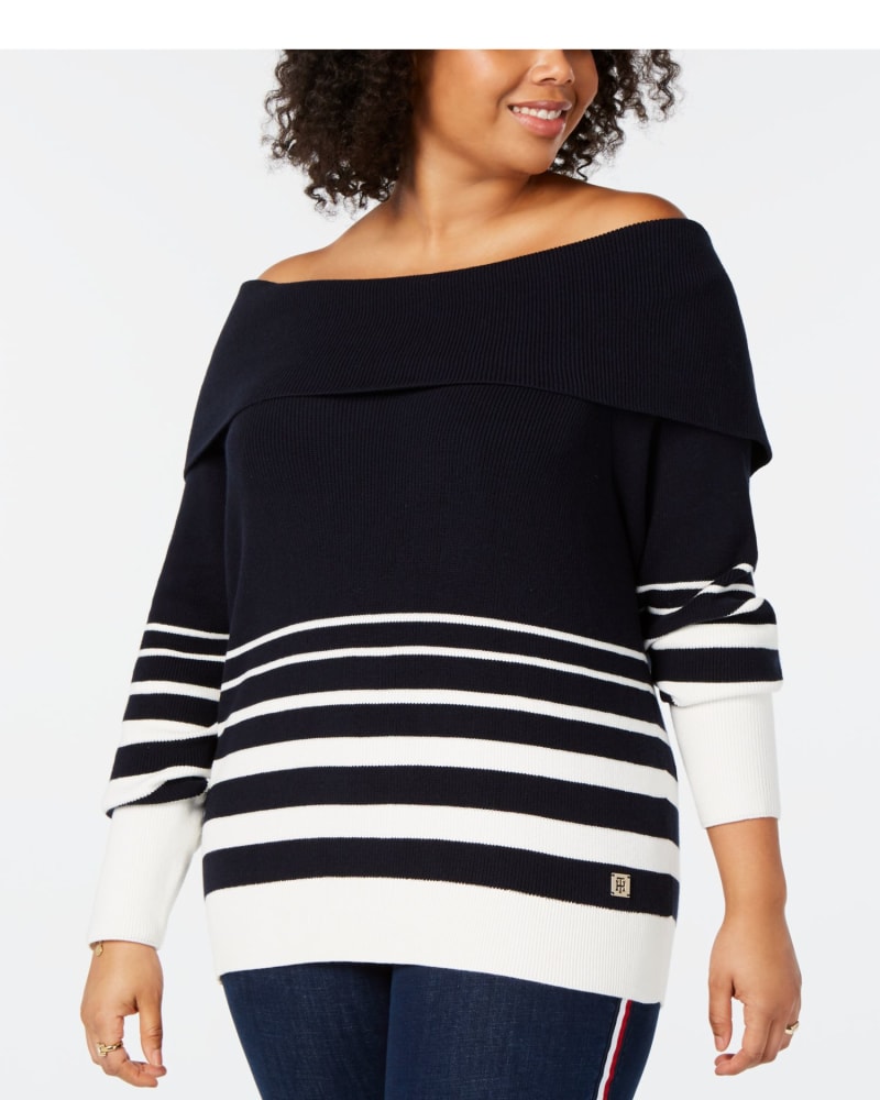 Tommy Hilfiger Women s Plus Striped Off the Shoulder Sweater Blue Size